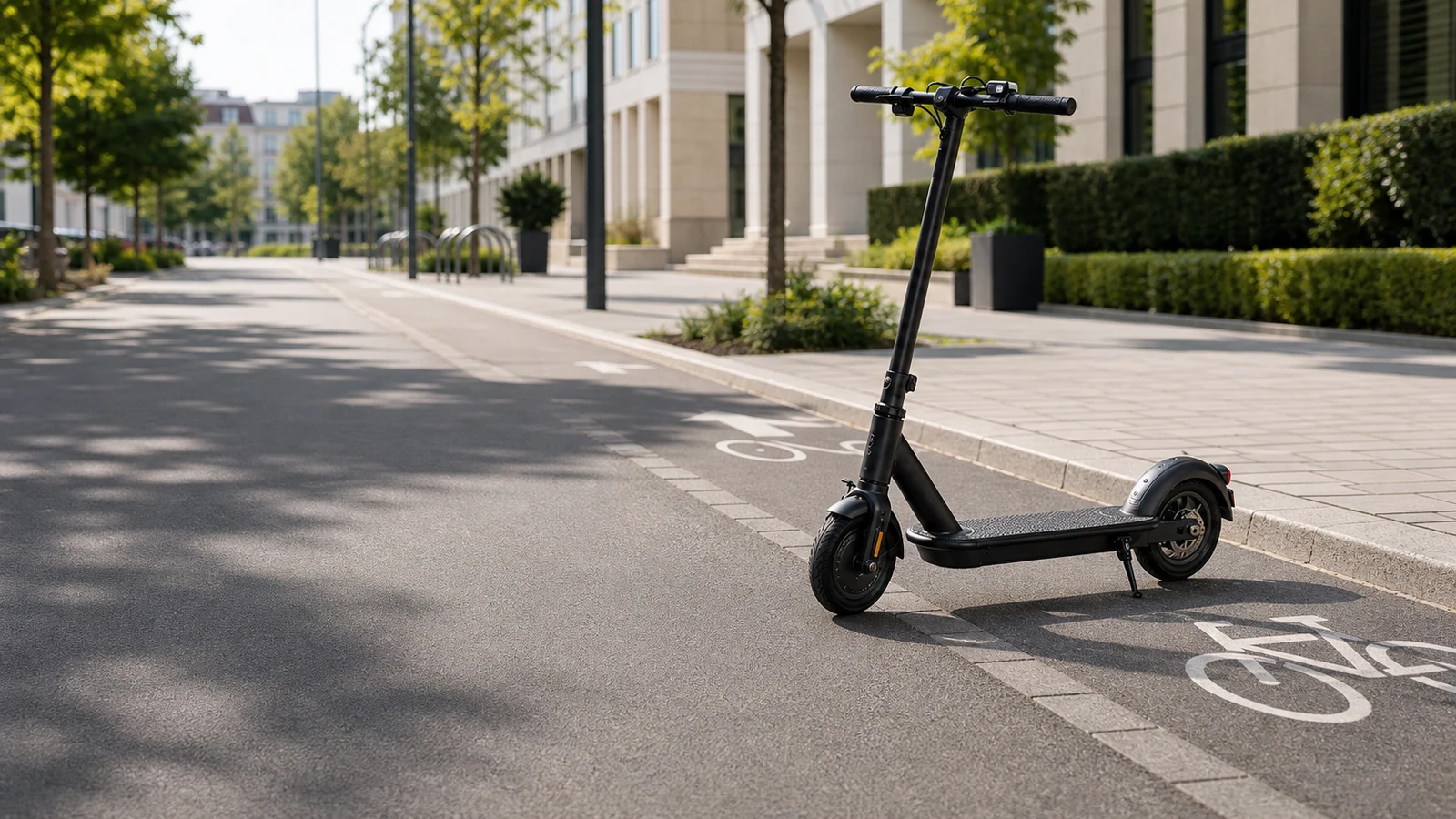 E-Scooter auf einem Radweg in einer ruhigen städtischen Straße