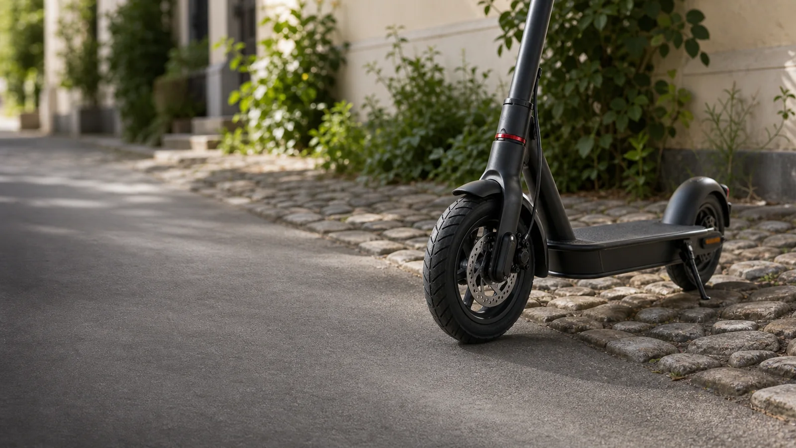 E-Scooter auf einer Straße mit Kopfsteinpflaster und glattem Asphalt