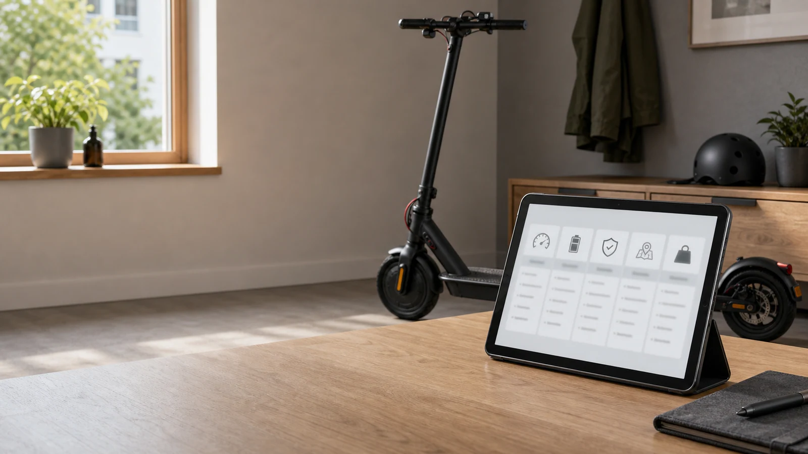 E-Scooter mit neutraler Vergleichsansicht in einem hellen Wohnbereich