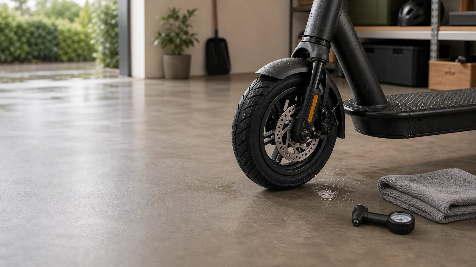E-Scooter-Vorderrad mit Reifenprofil, Bremse und Federungsdetail