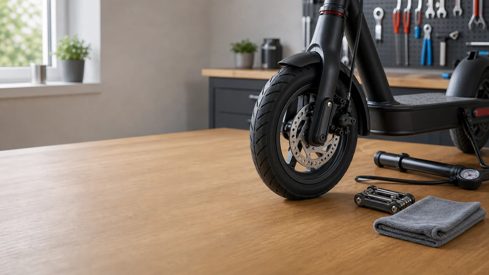 E-Scooter-Vorderrad mit Bremsscheibe, Luftpumpe, Werkzeug und Reinigungstuch