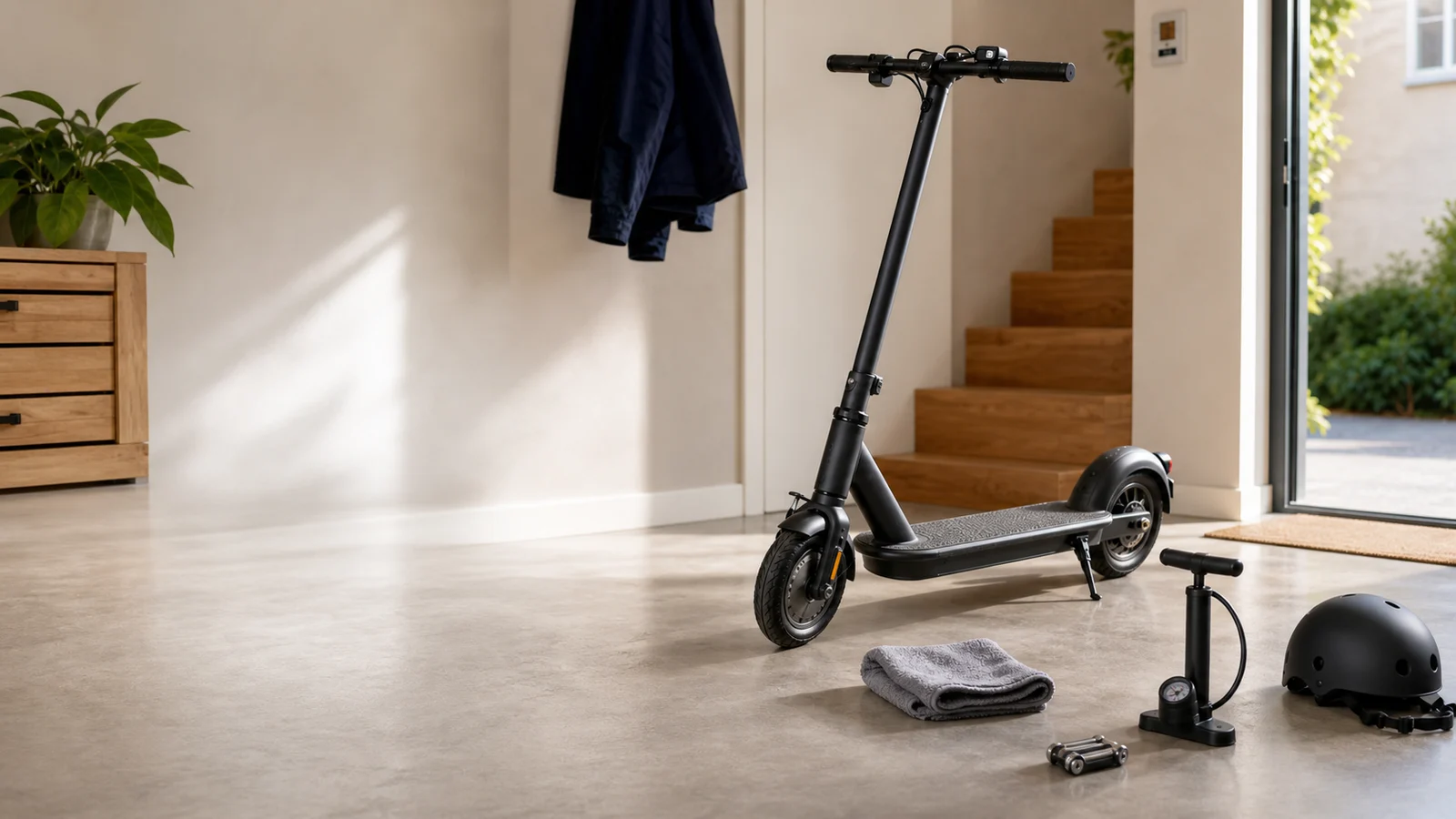 E-Scooter mit Luftpumpe, Helm, Tuch und Werkzeug in einem hellen Eingangsbereich