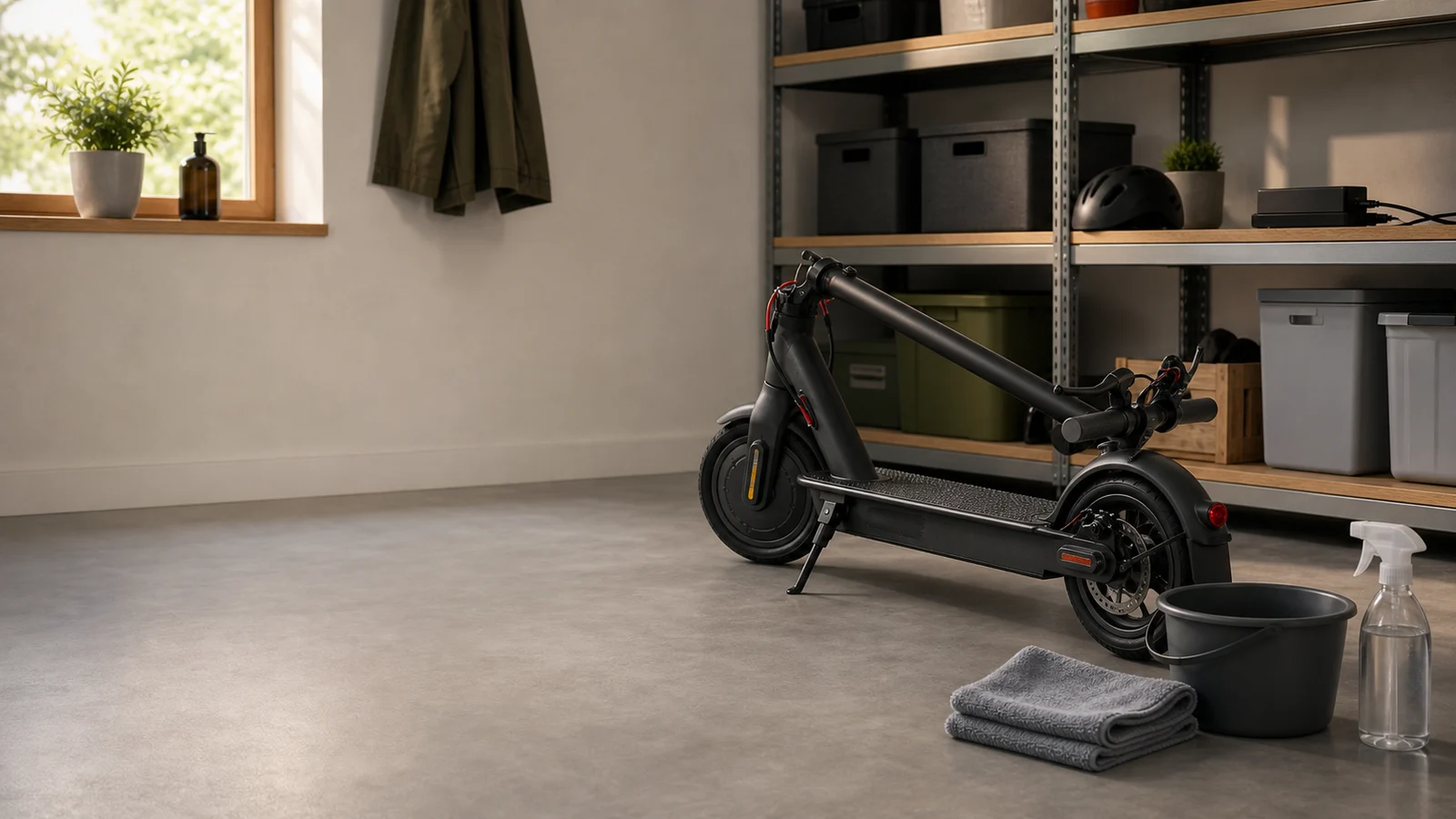 Gereinigter E-Scooter mit Tuch, Eimer und Ladegerät in einem trockenen Abstellraum
