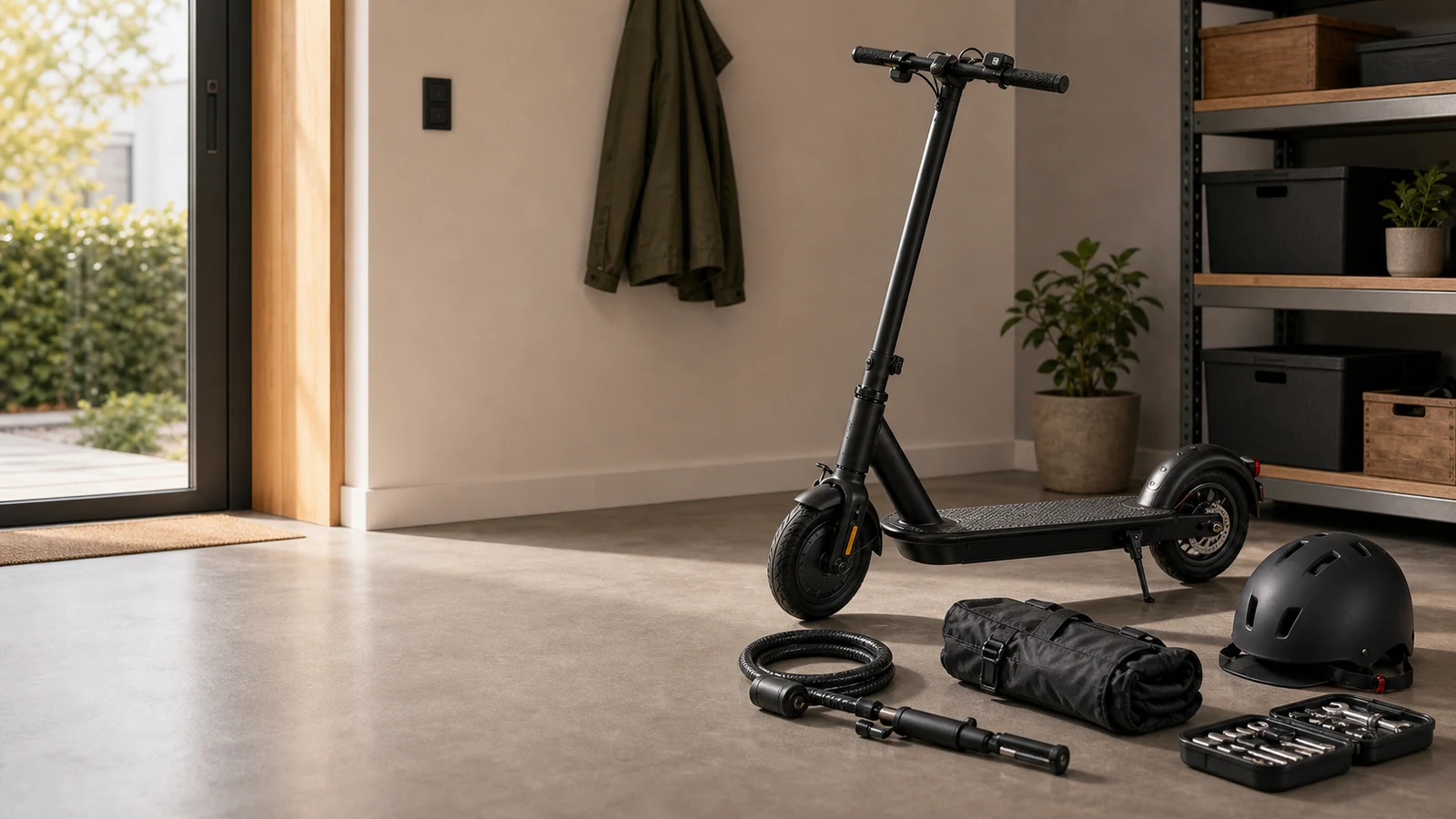 E-Scooter mit Helm, Schloss, Pumpe, Tasche und kompaktem Werkzeug in einem hellen Eingangsbereich