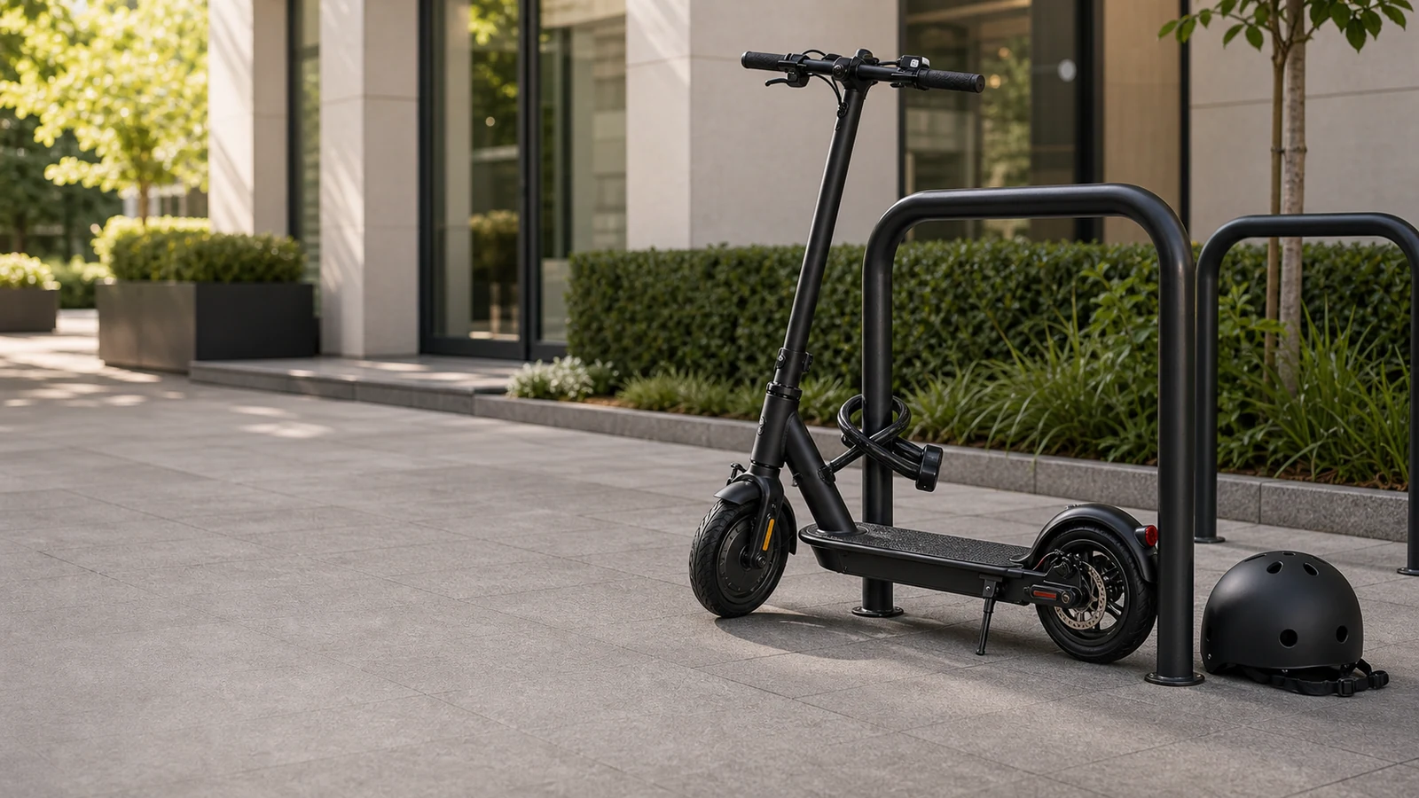 Abgestellter E-Scooter mit Schloss und Helm vor einem modernen Hauseingang