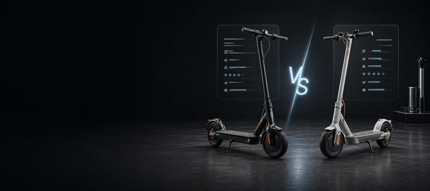 Zwei E-Scooter in einem professionellen Vergleichs-Hero mit VS-Symbol