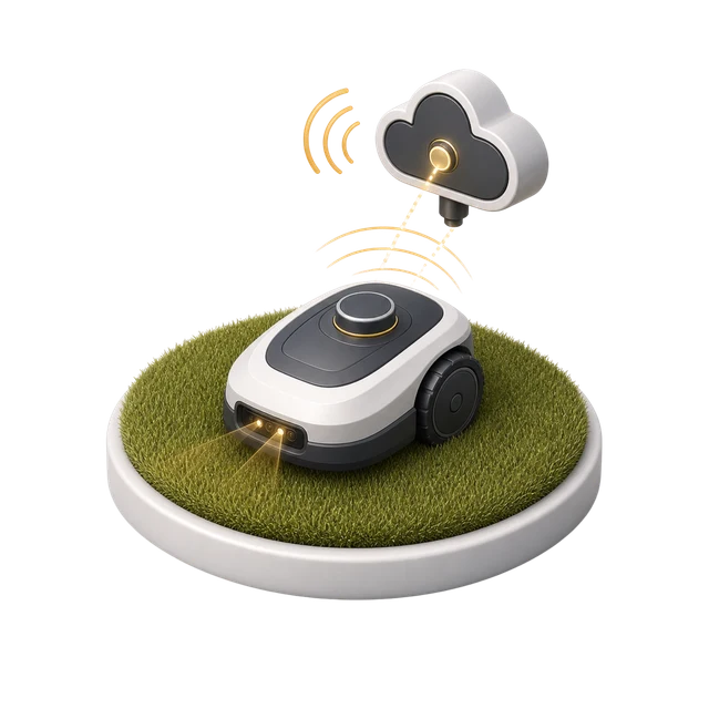 Miniatur eines Mähroboters mit Cloud-Symbol, Kamera und goldenen Signalen