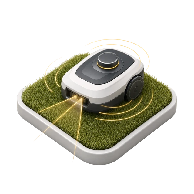 Miniatur eines Mähroboters mit LiDAR-Sensor und goldenen Erfassungsbögen