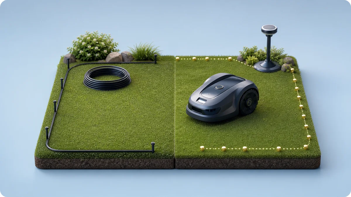 Gartenfläche mit Begrenzungskabel, RTK-Antenne und kabelloser Kartierung