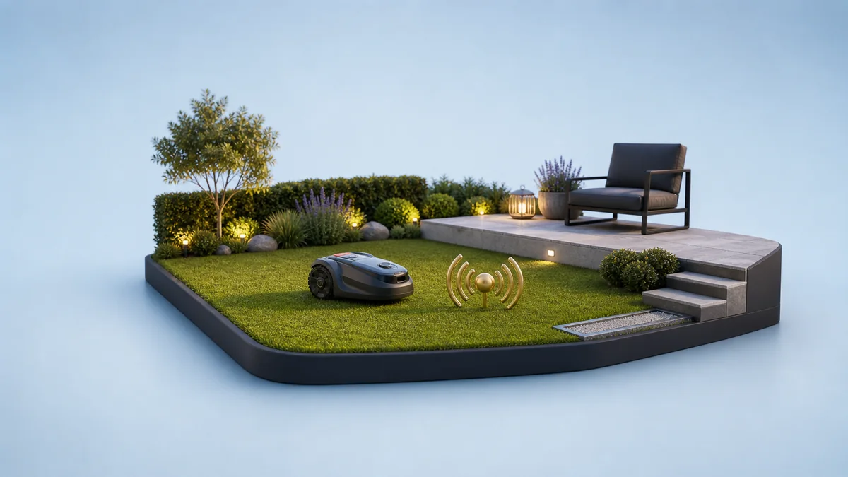 Ruhiger Garten mit Mähroboter, Terrasse und dezentem Lautstärke-Symbol