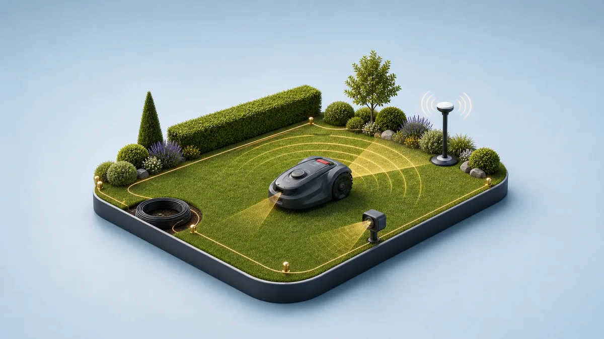 Mähroboter-Garten mit Begrenzungskabel, Antenne und LiDAR-Signalen