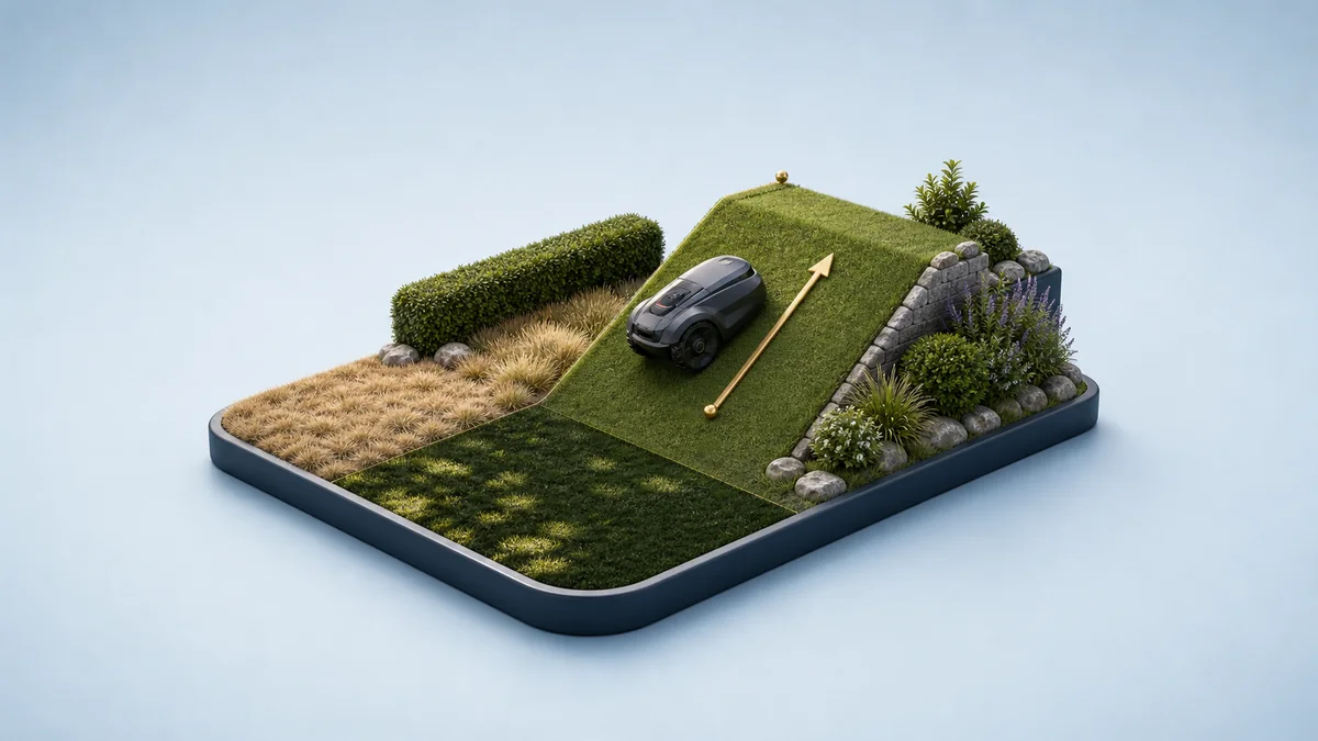 Mähroboter auf Grasrampe mit unterschiedlichen Geländeabschnitten