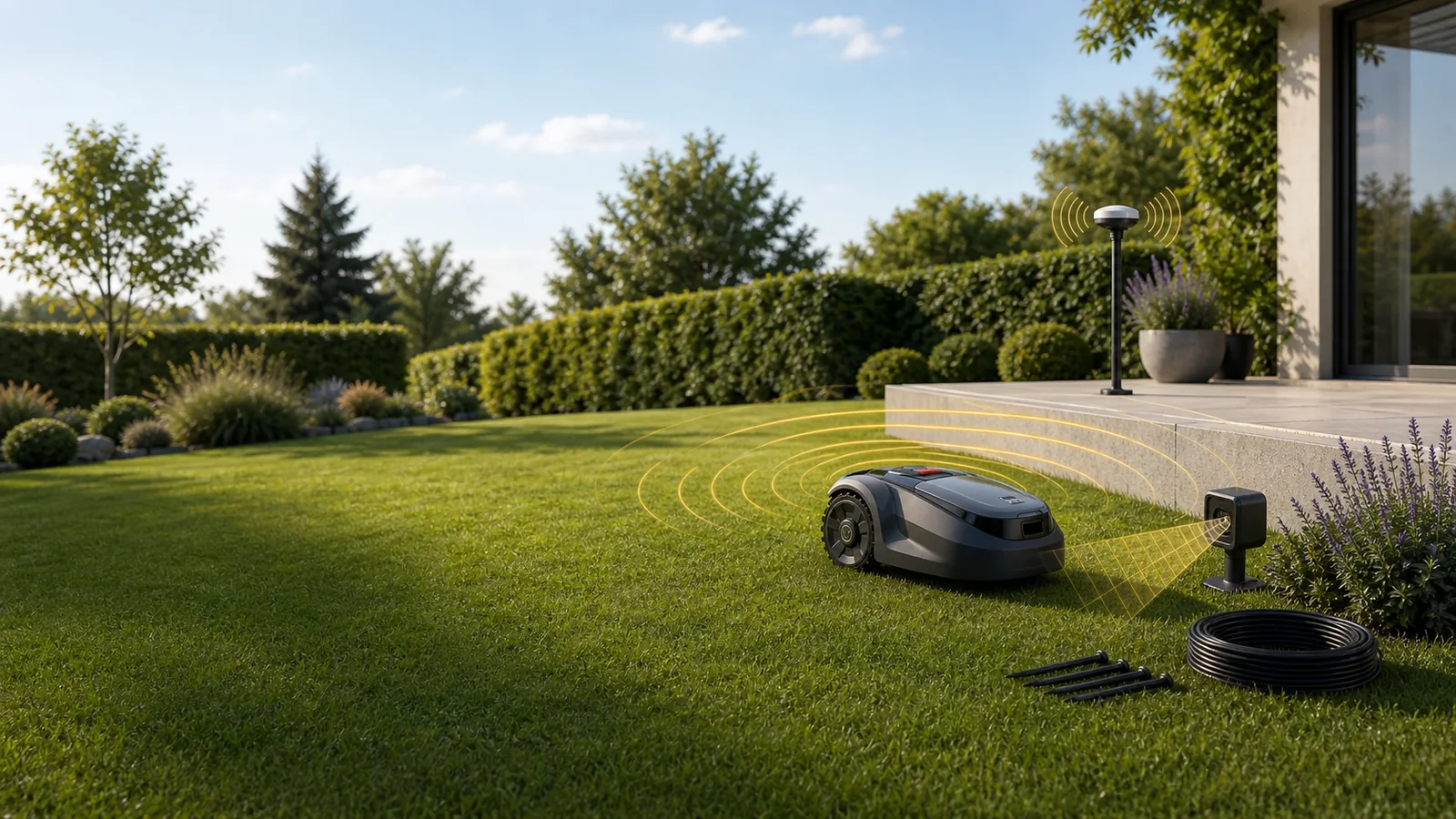 Mähroboter im Garten mit RTK-Antenne, LiDAR-Erfassung, Begrenzungskabel und Navigationssignalen