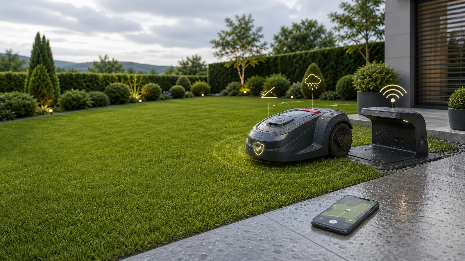 Mähroboter nach Regen an der Ladestation mit Smartphone und dezenten Sensorsignalen