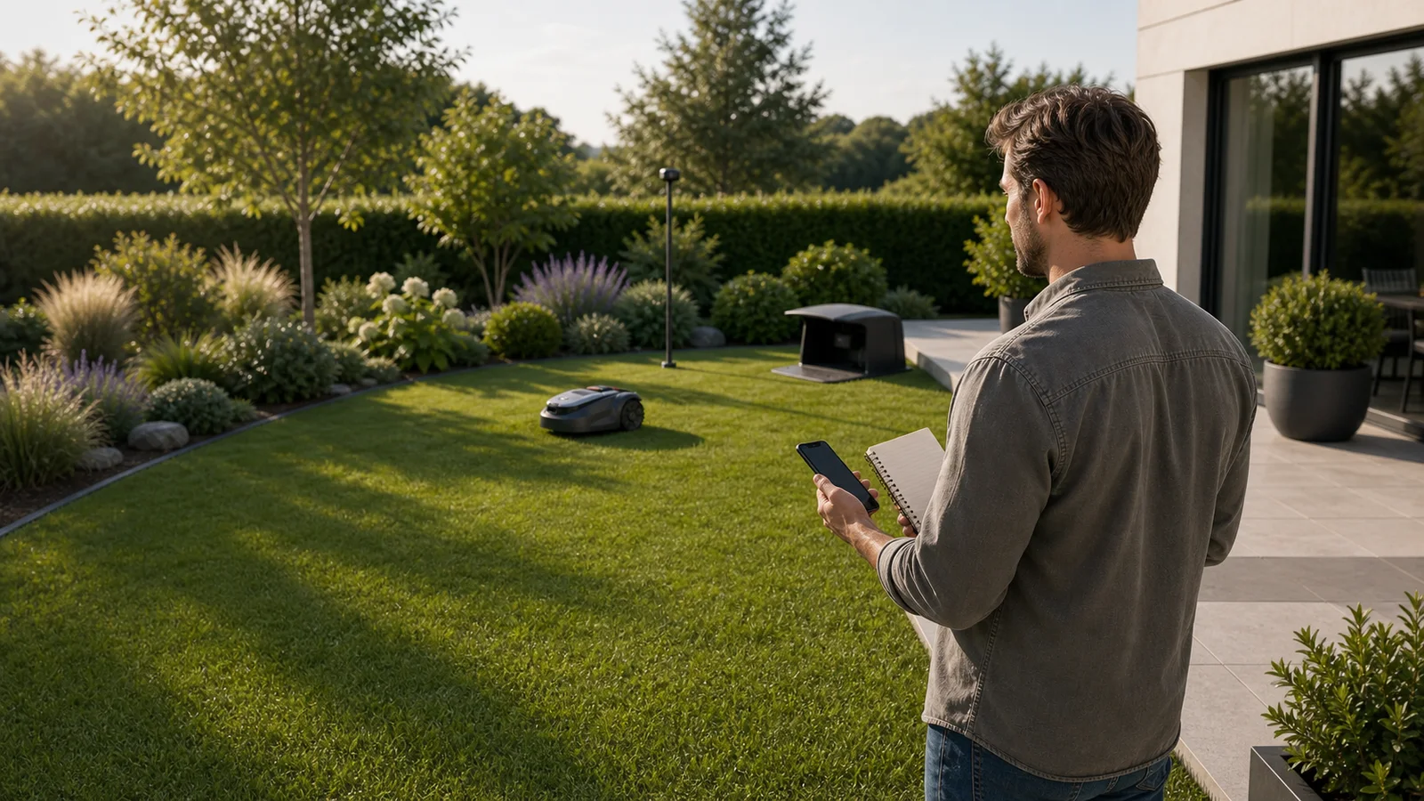 Gartenbesitzer prüft Rasenfläche, Ladestation und Mähroboter vor dem Kauf