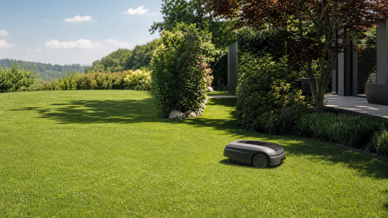 Mähroboter in einem modernen Garten mit offener Rasenfläche, schmalem Durchgang und Gehölzen