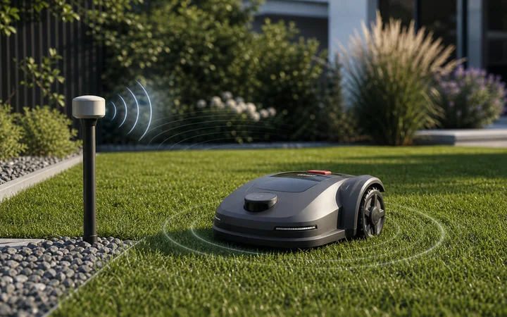Rasenmähroboter mit RTK-Antenne auf gepflegtem Gartenrasen