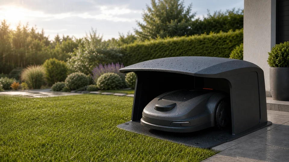 Mähroboter unter einer Wetterschutz-Garage im Garten